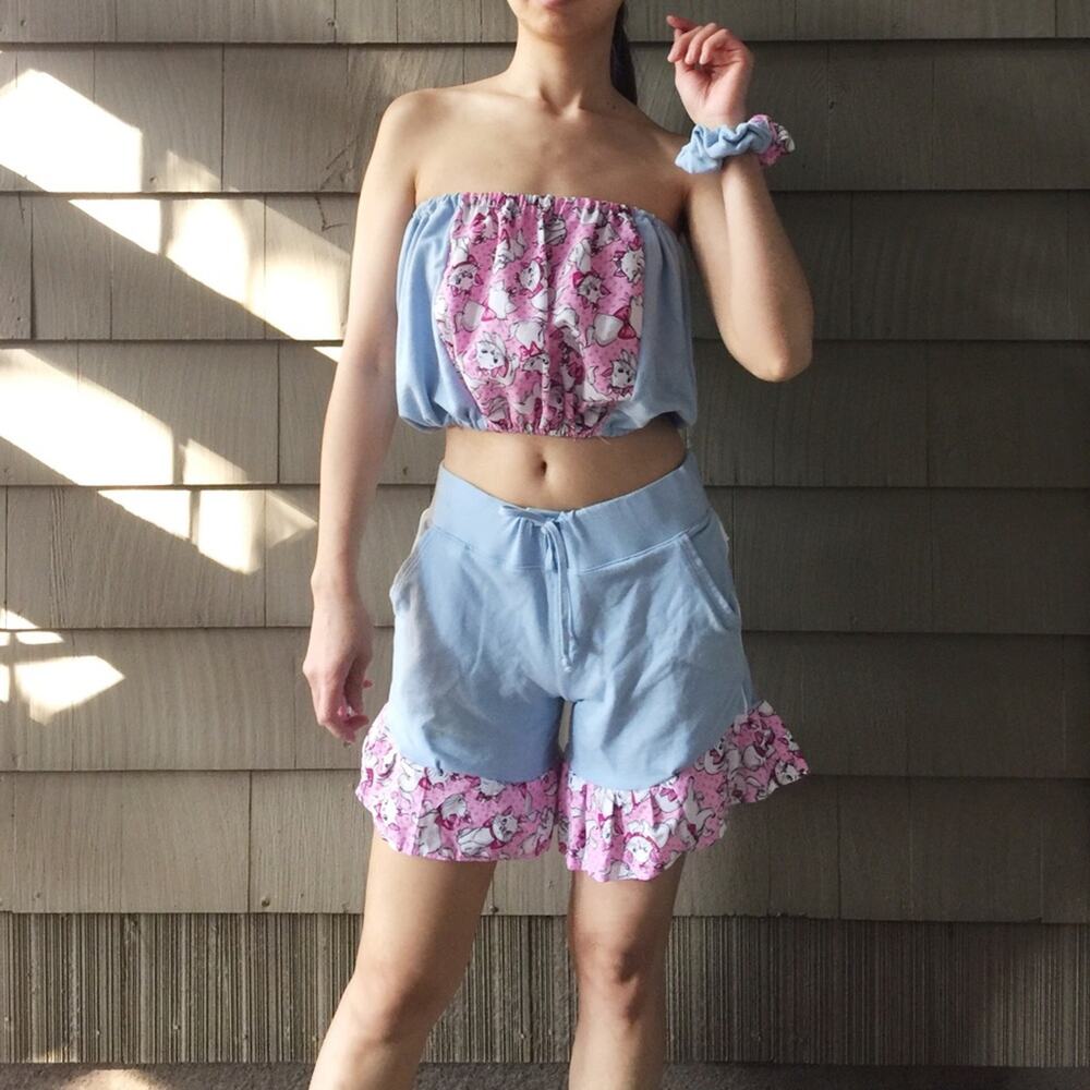 Handmade Upcycled Baby Blue Strapless Top Shorts.-CA4